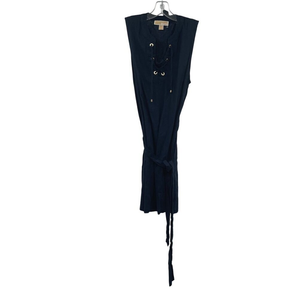 Michael Kors Womens Sleeveless Shift Dress Belted Grommets Navy Size Medium